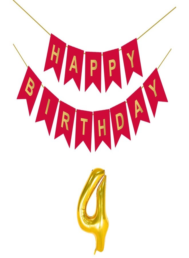 Flyloons 4th Red Colour Happy Birthday Banner Decoration Kit for 4 year Old Boys Girls Baby | with Number Four | 13 Pcs Reusable Cardstock Happy Birthday Paper Banner